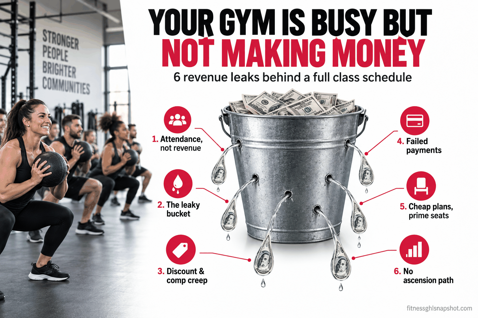 Diagram of a busy gym with a full class schedule on one side and six labeled revenue leaks draining a bucket on the other: attendance not revenue, the leaky bucket of gross churn, discount and comp creep, failed payments, cheap unlimited plans eating prime-time capacity, and no ascension path