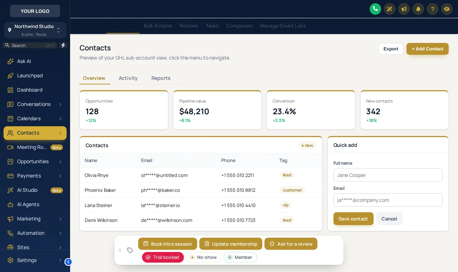 Contact action bar on a GoHighLevel contact with Trial booked, No-show and Member quick tags