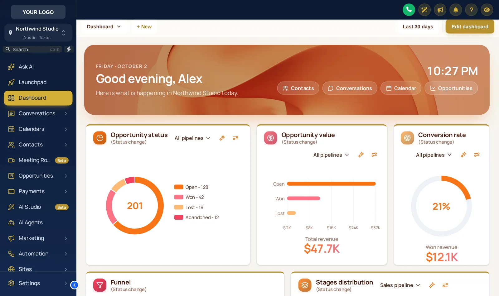 GoHighLevel sub-account dashboard with the Liquid 3D photo design and a welcome banner