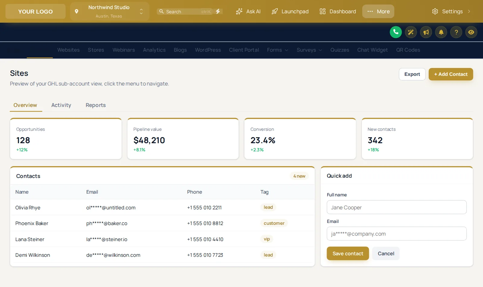 GoHighLevel menu turned into a brand-colored top bar on the Royal Navy and Gold theme