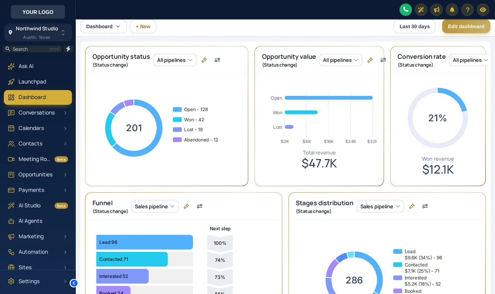 GoHighLevel sub-account dashboard restyled with the Royal Navy and Gold theme and the Studio Gradient UI kit